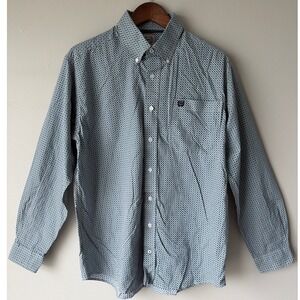 Cinch Mens Small Teal Grey Geometric Print Long Sleeve Button Down Shirt Cotton